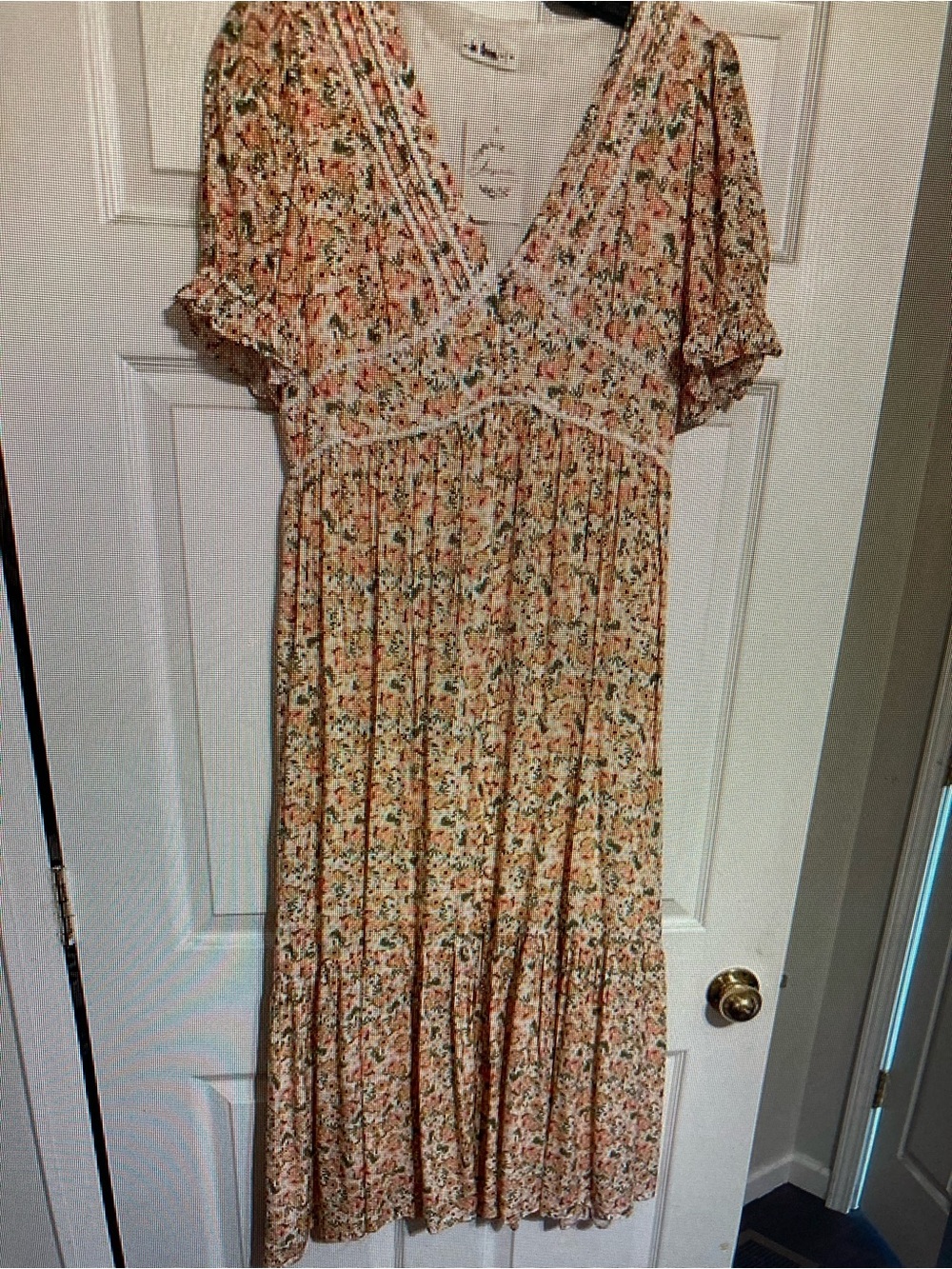 Peach Floral V-Neck Chemise Dress with Lace Trim